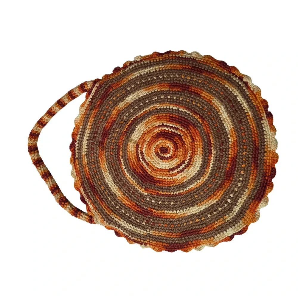 Vintage Handmade Crochet Circle Bag Orange Brown Spiral Round Tote Boho Lined G1